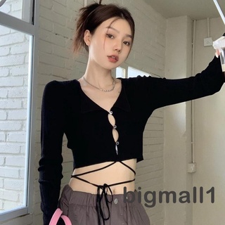 Bigmall- เสื้อครอปท็อปแขนยาว ผ้าถัก สีพื้น สําหรับผู้หญิง