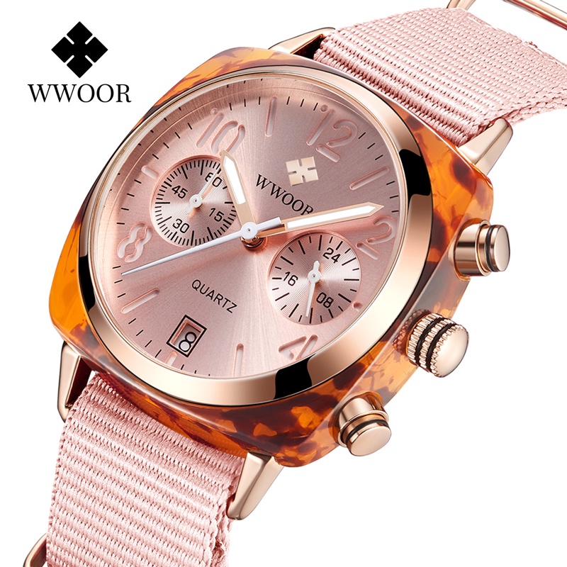 รูปภาพสินค้าแรกของWWOOR นาฬิกาผู้หญิงแฟชั่น นาฬิกากันน้ำ สวยงาม casual watch MOVT Japan นาฬิกาสายไนลอนสีแดง 8860