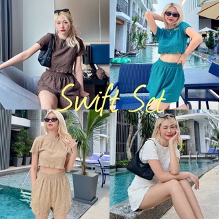 Swift Set 🍋 ชุดเซ็ตเสื้อครอปแขนสั้น กางเกงขาสั้น ผ้ายืดอัดยับ