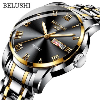 Belushi นาฬิกาข้อมือควอตซ์แฟชั่น สายแสตนเลส เรืองแสง กันน้ํา แสดงปฏิทิน ของขวัญ สไตล์นักธุรกิจ สําหรับบุรุษ