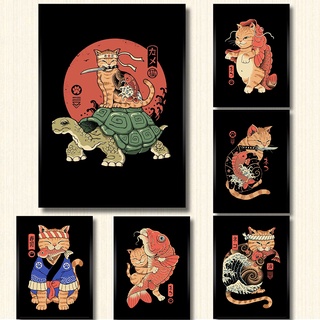 โปสเตอร์ภาพวาดผ้าใบ รูปแมว ปลาคาร์พ สไตล์นอร์ดิก ญี่ปุ่น สําหรับตกแต่งผนังบ้าน ห้องนั่งเล่น