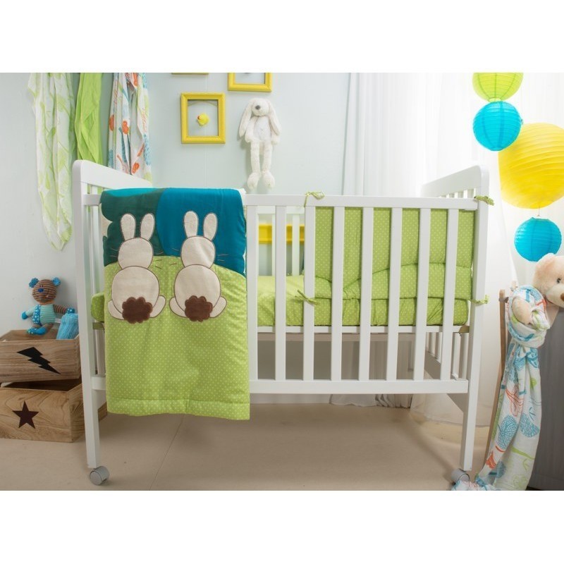 tots-240103-ผ้าปู-เตียง-เบาะกั้นเตียง-ผ้าห่มเด็ก-เซ็ต3ชิ้น-ลายกระต่ายเขียว-joy-rabbits-green-bedding-set