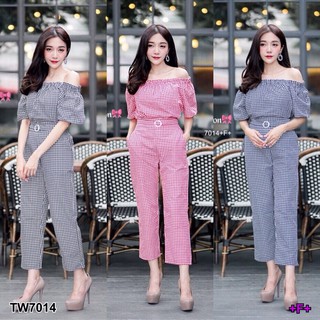 📌สอบถามก่อนสั่งซื้อ🔥Set  2 ชิ้น เสื้อปาดไหล่ ลายสก๊อต + มาพร้อมกางเกงขายาว  (TW7014)