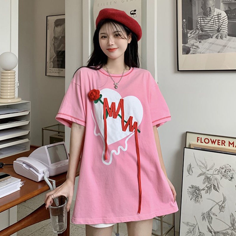 tens-ins-hit-color-love-เสื้อยืดแขนสั้น-handmade-rose-หญิง-2022-เวอร์ชั่นเกาหลีใหม่เสื้อหลวม