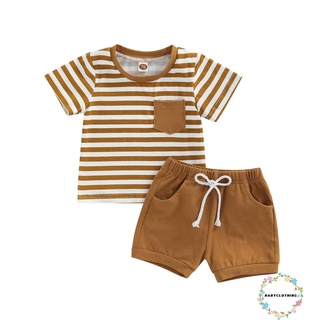 Babyclothes- ชุดเสื้อแขนสั้น กางเกงขาสั้น เอวยางยืด ลายทาง ฤดูร้อน สําหรับเด็กผู้ชาย