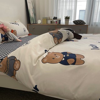 สไตล์เกาหลีผ้าห่มหมีตัวเล็กสดและน่ารักสี่ชิ้นชุดอุปกรณ์เตียงคู่นักเรียนหอพักเดี่ยวชุดผ้านวมสามชิ้น
