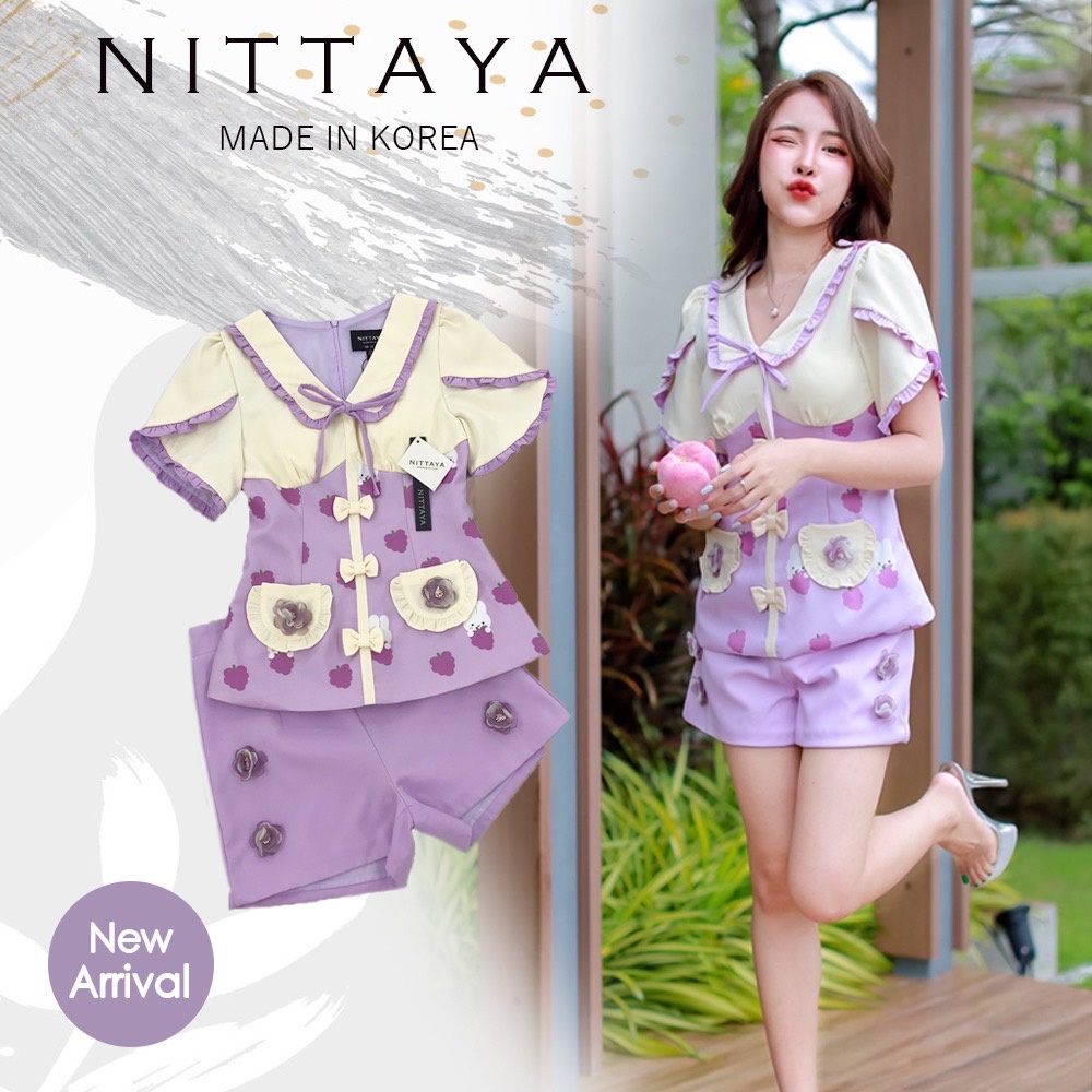 nittaya-เซ็ตเสื้อลายองุ่น-กางเกงขาสั้นสีม่วงปักดอกไม้