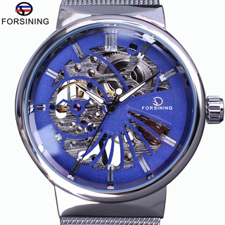 Forsining Classic Blue Dial Silver Steel Fashion Casual Transparent Case Mens Mechanical Watches Top Brand Luxury Skelet