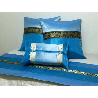 (เฉพาะปลอก) ชุดปลอกกล่องทิชชู 1 ชิ้นและปลอกหมอน 2 ชิ้น สไตล์ลายคาดช้างไทย สีฟ้า (Thai Pillow Cover)