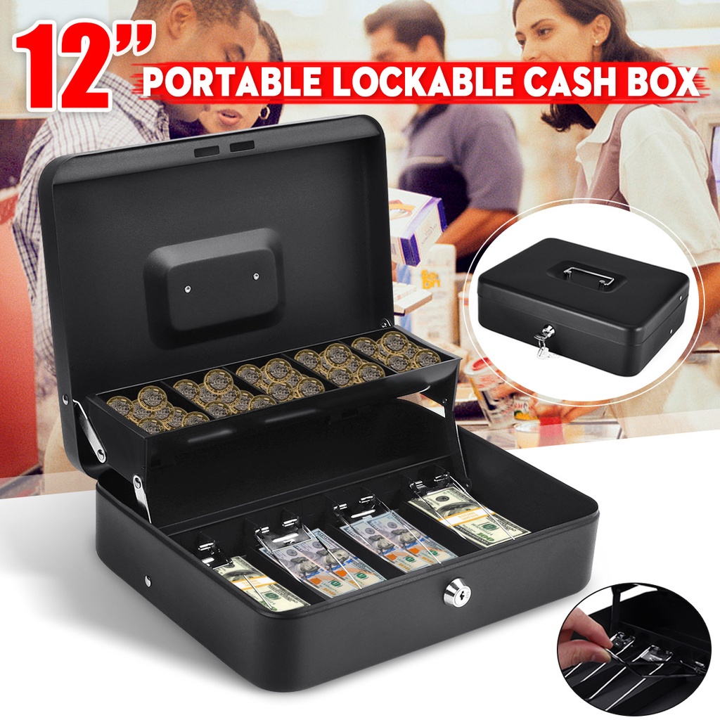 Portable Security Lockable Cash Box Tiered Tray Money Drawer Safe