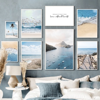 ภาพวาดผ้าใบ รูปเรือชายหาด สีฟ้า สไตล์นอร์ดิก สําหรับตกแต่งผนัง ห้องนั่งเล่น ร้านเสริมสวย