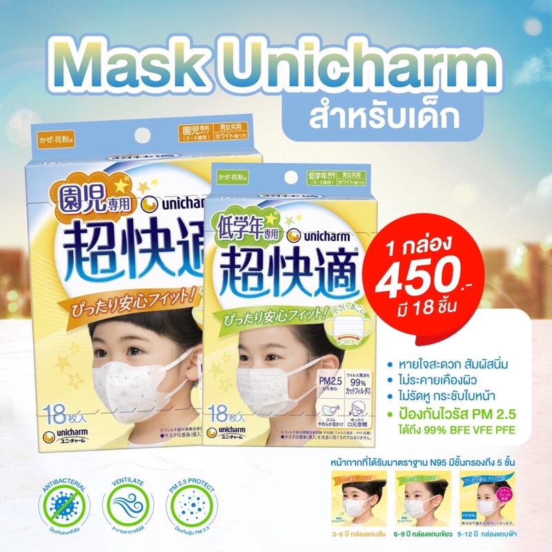 หน้ากากอนามัยunicharm-สำหรับเด็ก-1-กล่อง-18-ชิ้น-และ-1-แพ็ค-3-5ชิ้น-นิ่ม-หายใจสะดวก-ไม่รัดหู-ปลอดภัยต่อไวรัสต่างๆ