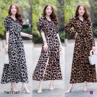 PE11347  Maxi Dress เดรสยาวปกเชิ้ต ติดกระดุมหน้า แขนยาว เนื้อผ้าหางกระรอกลายเสือ มีโบว์ผูกเอว