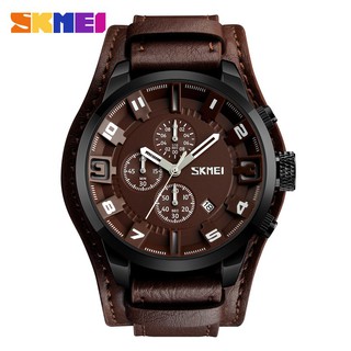 SKMEI Fashion Mens Business Quartz Watches Luxury Leather Strap Alloy Case Wristwatch with Calendar 30M Waterproof
