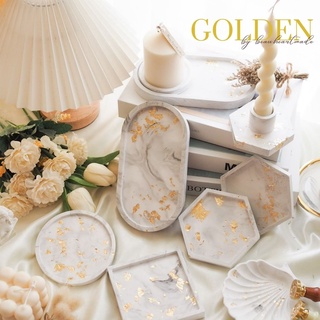 Golden Tray Collection จานปูน (ลายหินอ่อน+ใส่ทอง) จานรองเทียน จานตกแต่งบ้าน ถาดรองเครื่องประดับ ถาดวางของ