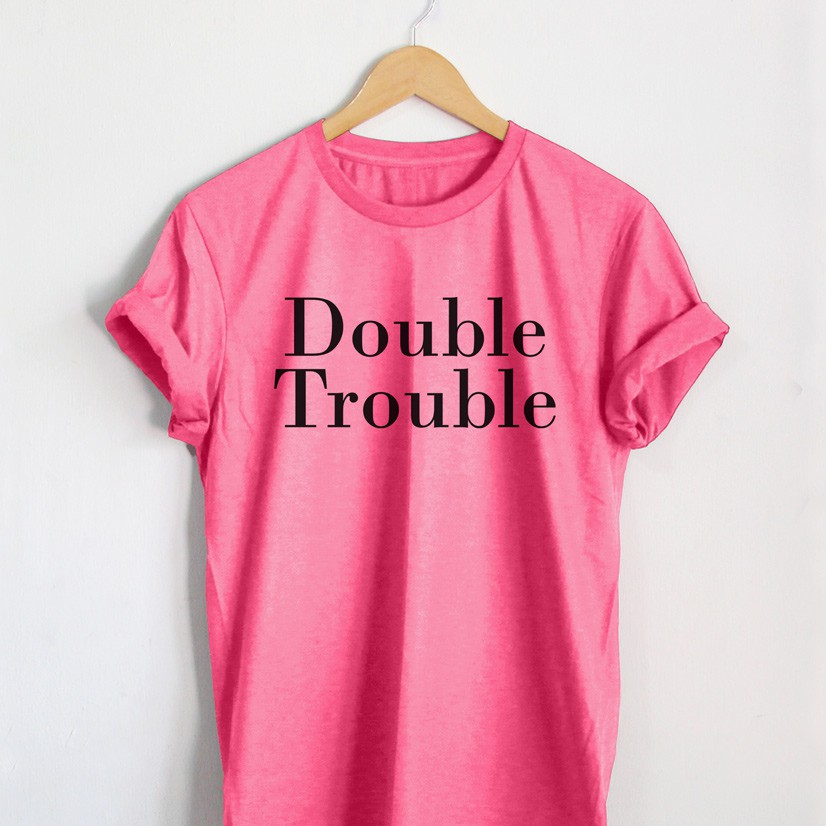 เสื้อยืดลาย-double-trouble-เสื้อคู่-เสื้อแฟน-เสื้อยืดวัยรุ่น-เสื้อยืดคู่รัก-เสื้อยืดตลกๆ-bh