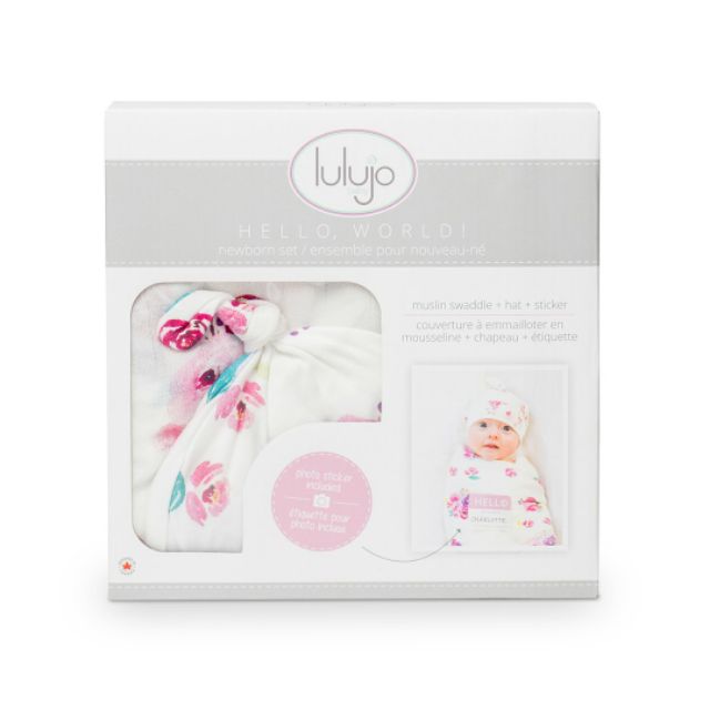 lulujo-ผ้าอ้อมมัสลินคอตตอนแบมบู-พร้อมหมวก-bamboo-hat-and-muslin-swaddle-posies