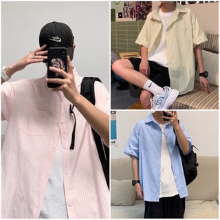 งานนำเข้า เสื้อเชิ้ตแขนสั้นผู้ชาย OverSize สไตล์เกาหลี ลายทาง