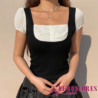 Demq- เสื้อท็อปแขนสั้น คอสี่เหลี่ยม แบบนิ่ม เข้ารูป สองชิ้น สําหรับผู้หญิง