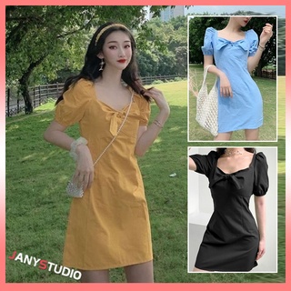 ชุดเดรสกระโปรงสั้นสีพื้น ดีเทลผูกโบว์ด้านหน้า งนสาวฝรั่งเศส น่ารักสุด ชุดเดรสผู้หญิง มี 3 สี พร้อมส่ง
