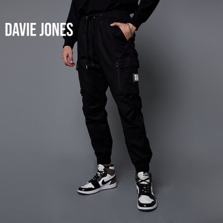 DAVIE JONES กางเกงจ็อกเกอร์ เอวยางยืด ขาจั๊ม สีดำ Drawstring Joggers in black GP0055BK