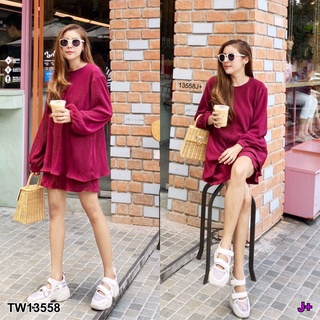 TW13558  Set 2 ชิ้น เสื้อโอเวอร์ไซส์แขนยาว มาพร้อมกางเกงขาสั้น งานผ้าอัดพลีท