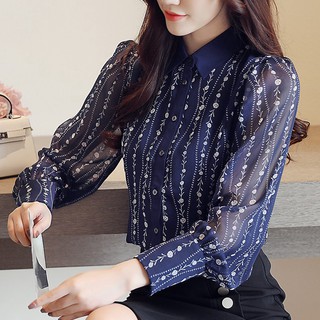 สินค้า เสื้อชีฟอง แขนยาว พิมพ์ลาย สไตล์เกาหลี สำหรับผู้หญิง