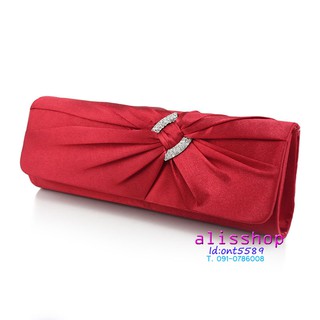 กระเป๋าออกงาน Evening Clutch  สีแดง ทรงสี่เหลี่ยม จับเดรปแต่งคริสตัล มาพร้อมสายสะพาย