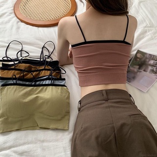 Comeandbuy- เสื้อสายเดี่ยว รูปตัว U ขนาดเล็ก เข้ากับทุกการแต่งกาย สไตล์เกาหลี สีตัดกัน พร้อมแผ่นรองหน้าอก