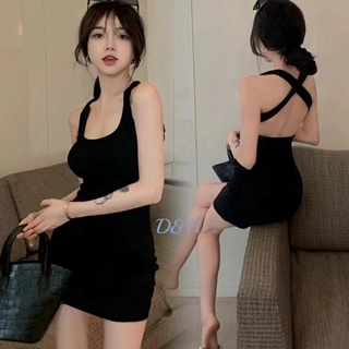 D&amp;H 🌞"พร้อมส่ง"ชุดเดรสสายเดี่ยวดีเทลไขว้ข้างหลังเก๋ๆผ้านิ่มใส่สบายๆน่าใส่มากแม่(HQP-5)