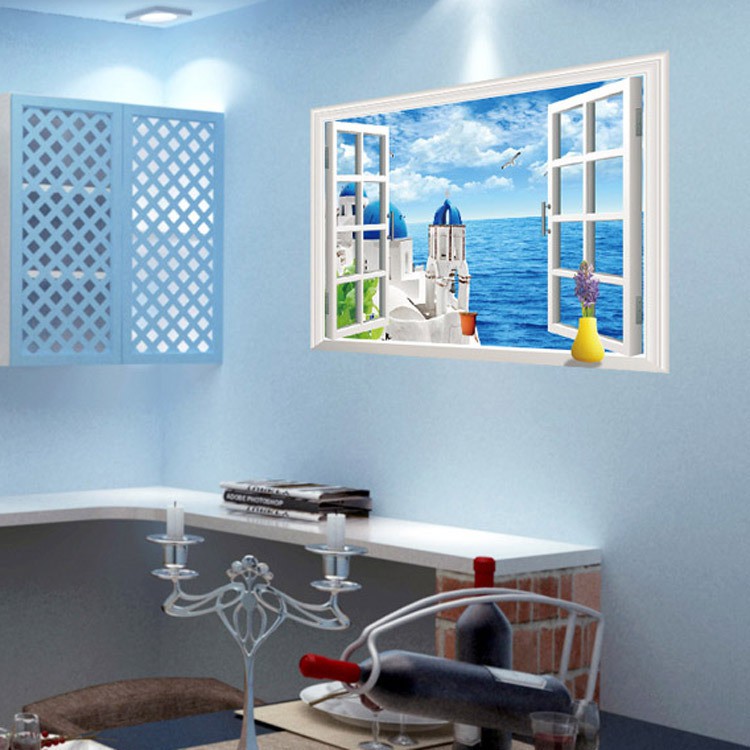 60-90cm-หน้าต่างปลอมสีฟ้าริมทะเลตกแต่งห้องสติกเกอร์ติดผนัง