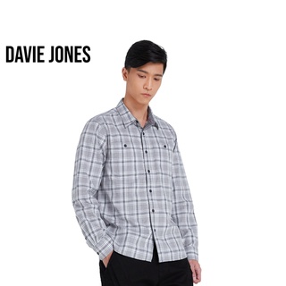 DAVIE JONES เสื้อเชิ้ต ผู้ชาย แขนยาว ลายตาราง ลายสก็อต สีเทาอ่อน Long Sleeve Plaid Shirt in light grey SH0097G1