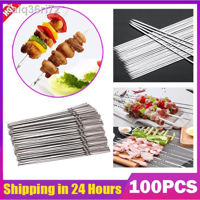 【Fast Delivery】100pcs Stainless Steel Skewers Reusable Flat Barbecue