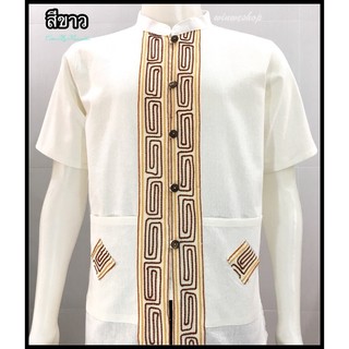 เสื้อผ้าฝ้ายชายคอจีน-แขนสั้น-สีขาวแต่งผ้าพิมพ์ลาย