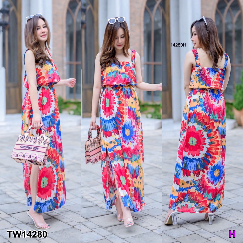 tw14280-set-2-ชิ้น-สาวอวบ-เสื้อสายเดี่ยว-สม็อกอกกับเอว-เพิ่มดีเทลสายย่น-กระโปรงยาว-ผ่าข้างสูง-เนื้อผ้าสปัน-ลายมัดย้อม