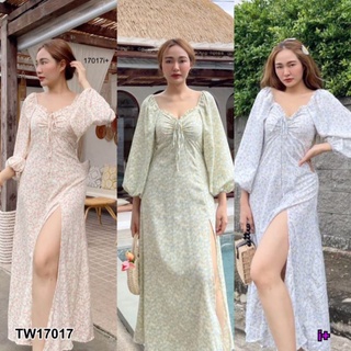 TW17017 สอบถามสต้อกก่อนโอนค่า เดรสยาวแขนยาวลายดอกไม้ ใส่เที่ยวชิลๆ สีฟ้า เขียว ชมพู