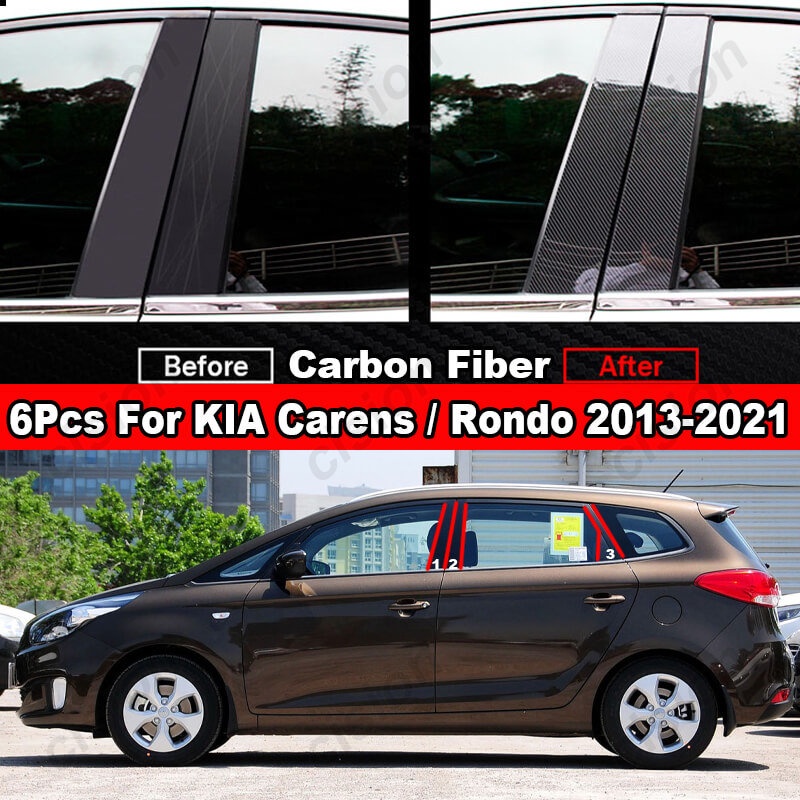 สติกเกอร์คาร์บอนไฟเบอร์-สีดํามันวาว-สําหรับติดเสาประตู-หน้าต่างรถยนต์-kia-carens-rondo-2013-2021-6-ชิ้น