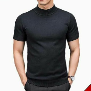 Hitam Premium Black แขนสั้น TURTLENECK - เสื้อยืดผู้ชาย คอสูง แขนสั้น สไตล์เกาหลี