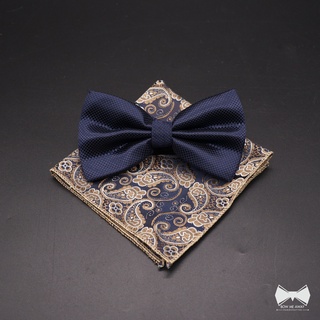 เซ็ทหูกระต่ายสีน้ำเงิน + ผ้าเช็ดหน้าสูทวูล-Blue Bowtie + Wool Pocket square