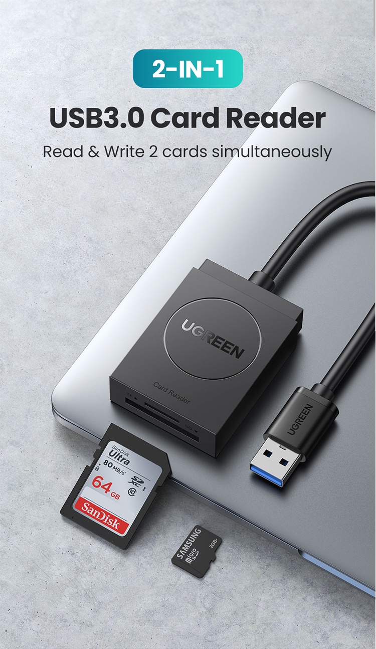 ภาพประกอบของ UGREEN การ์ดรีดเดอร์ Card Reader สามารอ่านได้ 2 การ์ดพร้อมกัน USB 3.0 สำหรับโทรศัพท์ Android