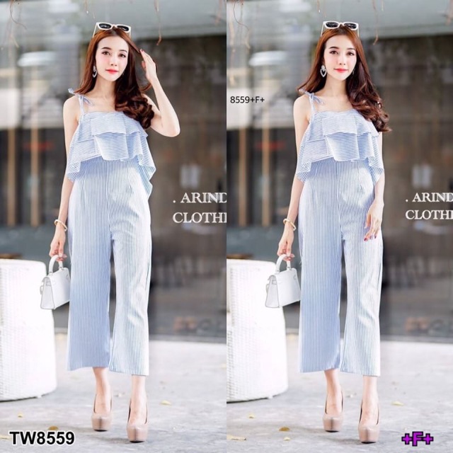 pe8559-jumpsuit-จั้มสูทสายเดี่ยวทรงกางเกงขายาว-ริผ้าทอลายริ้ว