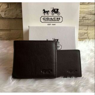 🐩COACH Compact ID Wallet in Sport Calf Leather🐇💸🐩กระเป๋าสตางค์ใบสั้น หนังลายสวย สีน้ำตาลเข้ม