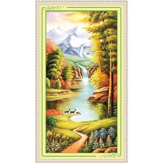 (มี 15 ลาย) ชุดปักครอสติชพิมพ์ลาย ความมั่งคั่ง น้ำตก วิว ภูเขา (Landscape Cross stitch kit)