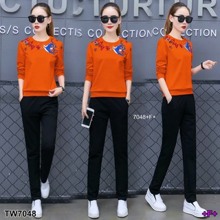 Set 2 ชิ้น เสื้อ แขนยาวปักลายนกตรงหน้าอก+กางเกงขายาว TW7048