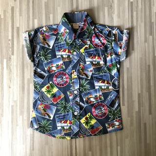 เสื้อเชิ้ตคอปกแขนสั้นวินเทจ เชิ๊ตฮาวาย เสื้อสงกรานต์ ลายห่วงยาง aloha hawaii สีบลูพาสเทล