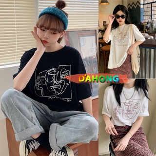 Dahong 💖6789 เสื้อยืดแขนสั้น Oversize เสื้อยืดสกรีนลาย สไตล์อาร์ต แนวมินิมอล