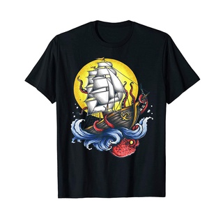 แฟชั่น เสื้อยืดคอกลม Sailing Pirate Ship and Kraken Giant Octopus สไตล์ฮิปฮอป สตรีท สําหรับผู้ชาย