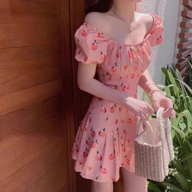 hot-sale-peach-pink-dress-spring-temperament-sweet-slim-waist-thin-french-square-neck-floral-skirt