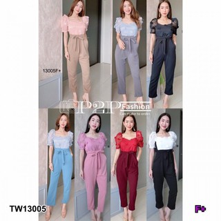 &lt;TW13005&gt;Junpsuit จั้มสูทขายาว แขนสั้นแต่งจีบไหล่ งานจั้มผ้าบลูเวฟ สีพื้น เอวมีสายผูก มีซิปหลัง ขาจั้มทรงกระบอกเล็ก