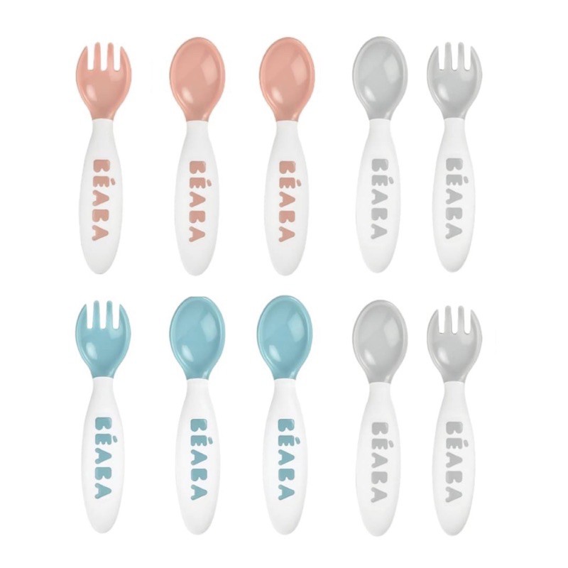 beaba-ชุดช้อนส้อม-10-ชิ้น-set-6-training-spoons-and-4-training-forks-for-2nd-age-light-blue-light-pink-grey
